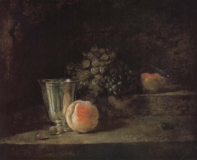 Jean Baptiste Simeon Chardin Silver peach red wine grapes and apple